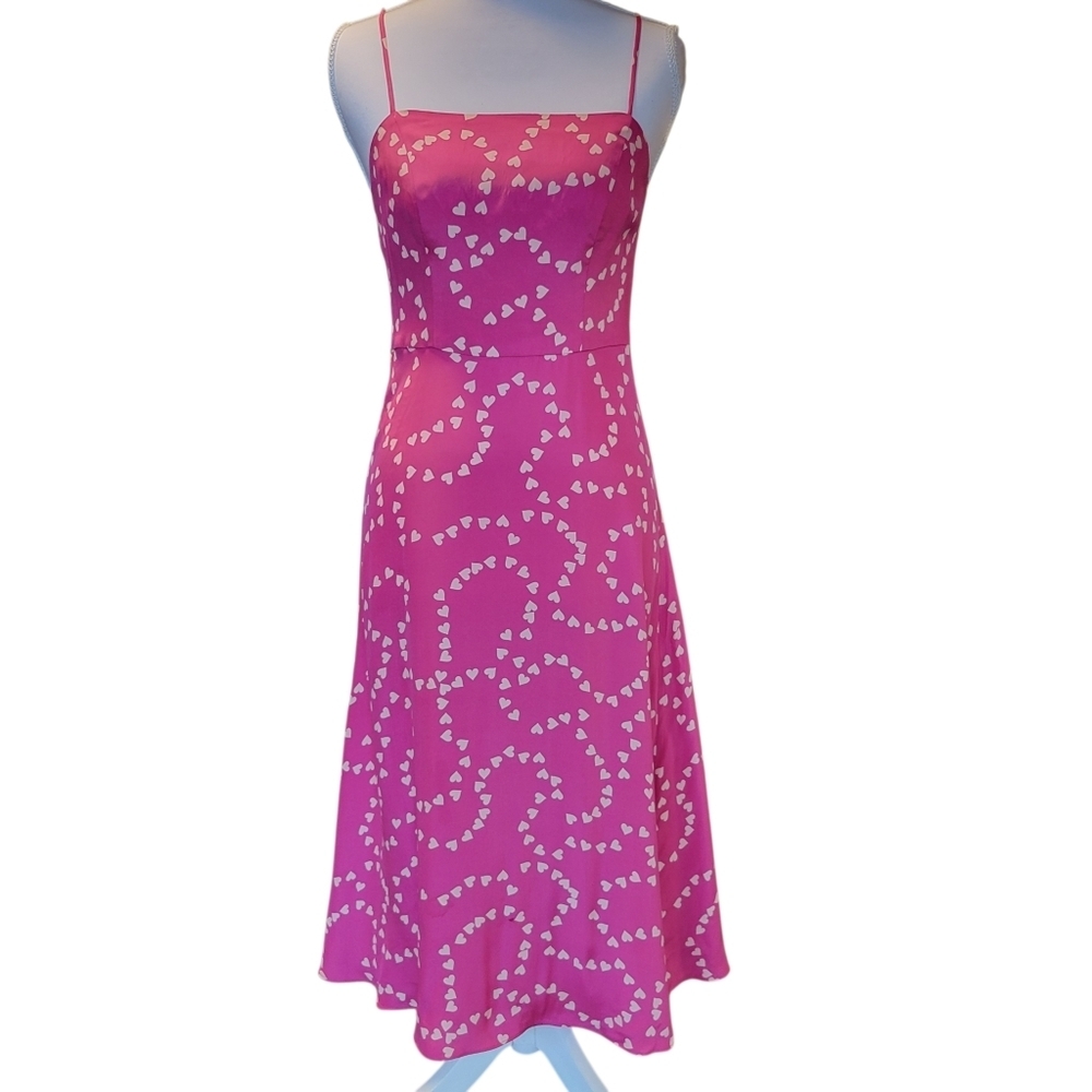 HVN "String Of Hearts" Pink Spaghetti Strap Silk Slip Dress With White Hearts
